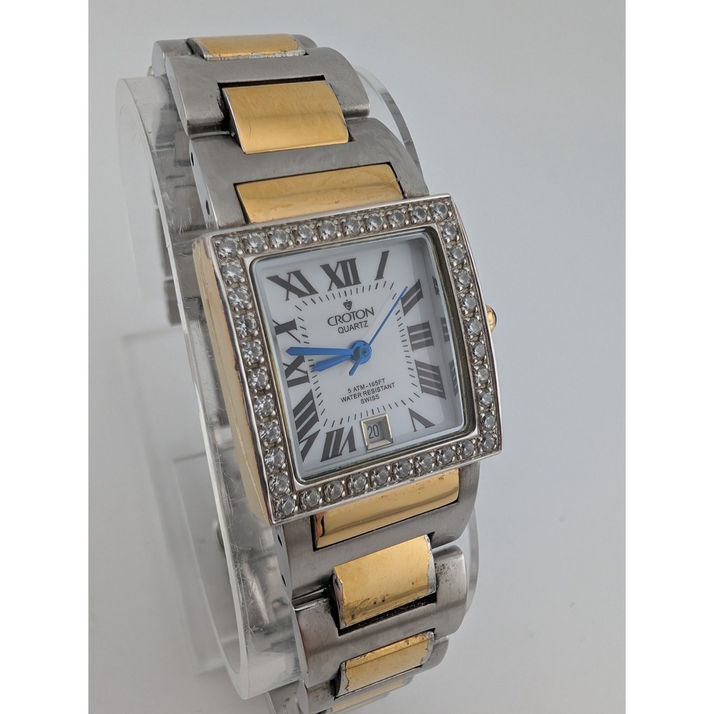 Croton Swiss Watch Women Cubic Zirconia Bezel Two Tone 7"‎ Band- New Battery